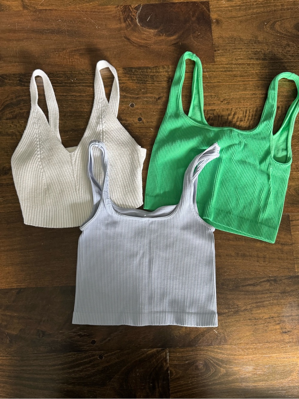 Zara Ribbed Crop Tank Trio in Green, Light Blue and other brand white tank